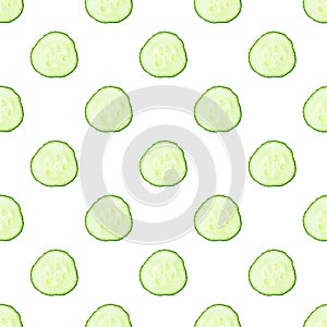 Fresh cucumber slices or cross-sections on white background seamless pattern