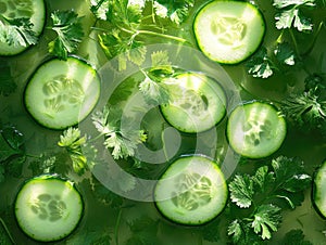 Fresh Cucumber Slices on Herbs photo