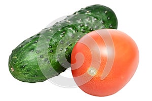 Fresh cucumber and tomato on a white background