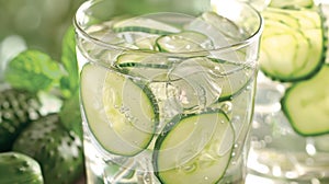 Fresh cucumberinfused water available to quench thirst and hydrate. photo
