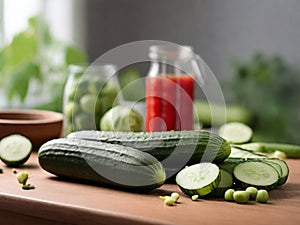 fresh cucumbers and tomato juice in a jug