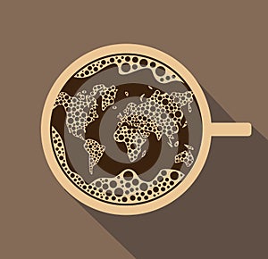fresh cup of coffee with foam in the shape of a world map in vector punched holes