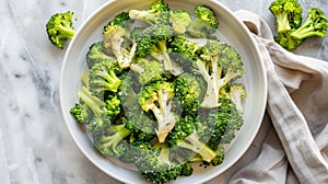 Fresh cut broccoli florets on a white plate