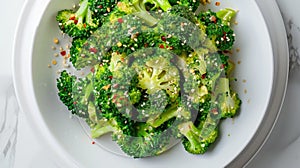 Fresh cut broccoli florets on a white plate