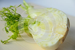 Fresh cut fennel on white cutting board