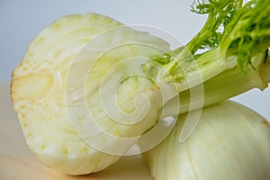 Fresh cut fennel on white cutting board