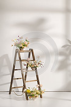 Fresh cut flower arrangement on wooden ladder in a vase for decoration for home, for interiors.Flowers delivery concept.