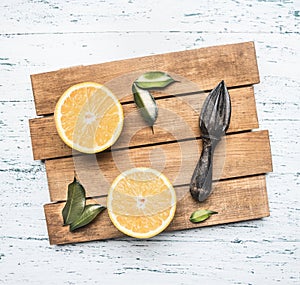 Fresh cut oranges with leaves and a wooden crush for fruit, on rustic wooden tray, top view