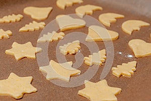 Fresh cut out raw Cookies on baking paper
