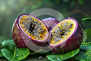 Fresh Cut Passion Fruit on Natural Green Leafy Background with Water Droplets