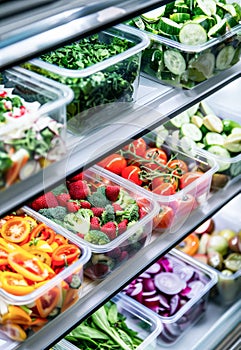 Fresh Cut Vegetables and Fruits Arranged in Transparent Containers in a Refrigerator