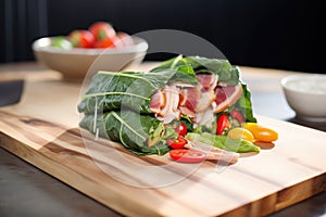 fresh cut vegetables wrapped in collard greens on a board