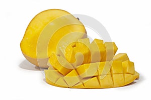 Fresh-cut yellow mango on white background