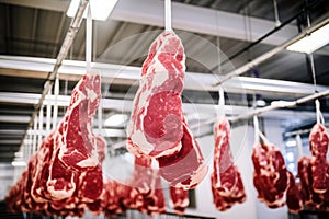 Fresh cuts: meat hanging on hooks in storage