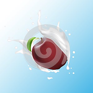 Fresh 3d realistic apple with water milk yogurt splash drops isolated on a white background. Packaging template. Realistic organic