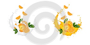 Fresh 3d realistic orange slices with juice milk yogurt splash drops isolated on a white background. Packaging template. Realistic