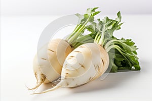 Fresh daikon radish on clean white backdrop for captivating ads and packaging designs