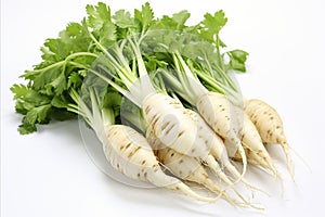 Fresh daikon radish on clean white backdrop for captivating ads and packaging designs.