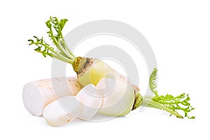 Fresh daikon radish with slice on the white