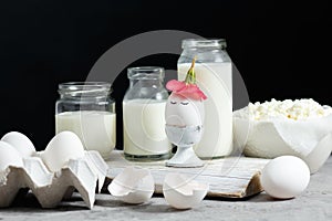 Fresh dairy and fermented milk products. Eggs On a black background