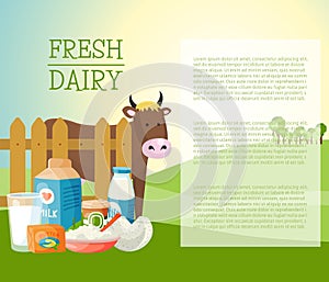 Fresh dairy products banner, poster vector illustration. Organic, quality food. Great taste and nutritional value. Milk