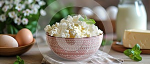 Fresh dairy products with cottage cheese, milk, and eggs on a rustic wooden table.