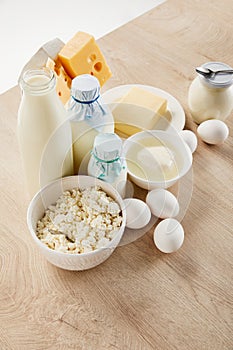 Fresh dairy products and eggs on