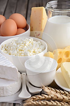 Fresh dairy products. Milk, cheese, brie, Camembert, butter, yogurt, cottage cheese and eggs on wooden table.