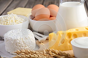 Fresh dairy products. Milk, cheese, brie, Camembert, butter, yogurt, cottage cheese and eggs on wooden table.