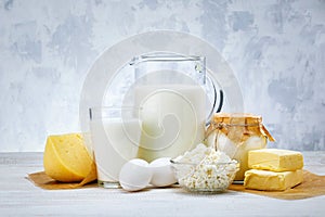 Fresh dairy products, milk, cheese, eggs, yogurt, sour cream and butter
