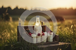 Fresh Dairy Products and Strawberries in Grass