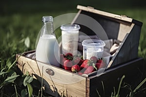 Fresh Dairy Products and Strawberries in Grass