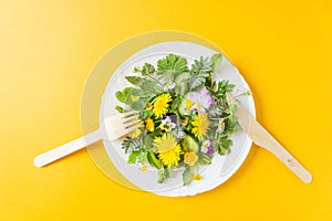 Fresh dandelion salad with onion, cucumber and olive oil on a white plate. Eco tools - wooden fork and knife