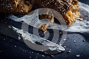 Fresh dark baguette.