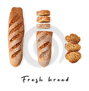 Fresh dark bread with slices on an isolated white background