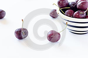 Fresh dark red cherries in a bowl