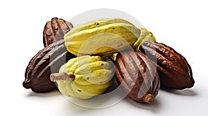 Fresh dark red, yellew Cocoa pods and beans isolated on white background. Generative Ai photo