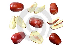 fresh date fruit with sleces isolated on white background. top view