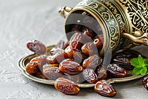 fresh dates spilling from an arabic plate onto a table