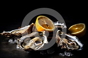 Fresh and Delectable Open Oysters on a Platter with lemon, ice. Fresh seafood. AI generated.