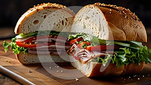 Fresh Deli Sandwich with Lettuce and Tomato on Wooden Board photo