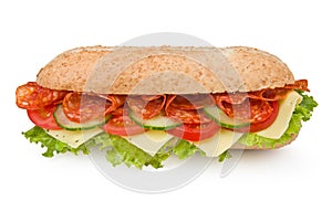 Fresh deli-style salami sandwich isolated on white