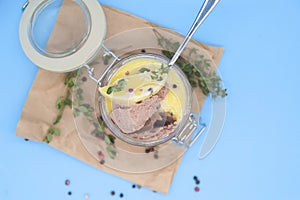 Fresh delicate liver pate, spread or mousse with spices and fresh herbs