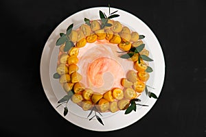 Fresh delicious birthday cake with candles on table against color background Birthday cake. cake with cream