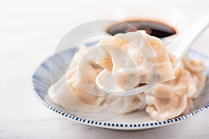 Fresh, delicious boiled pork, shrimp gyoza dumplings on white background with soy sauce and chopsticks, close up, lifestyle.