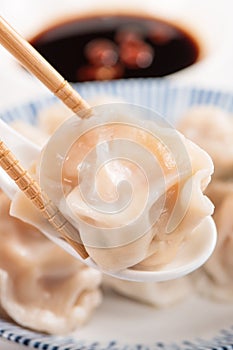 Fresh, delicious boiled pork, shrimp gyoza dumplings on white background with soy sauce and chopsticks, close up, lifestyle.