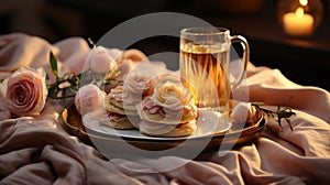 Fresh delicious breakfast with Coffee, crispy croissants, jam on white wooden background.