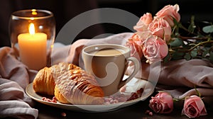 Fresh delicious breakfast with Coffee, crispy croissants, jam on white wooden background.