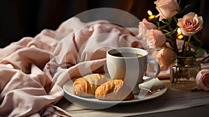 Fresh delicious breakfast with Coffee, crispy croissants, jam on white wooden background.