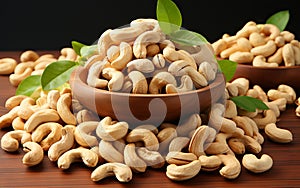 Fresh delicious cashew nuts in bowl on wooden table